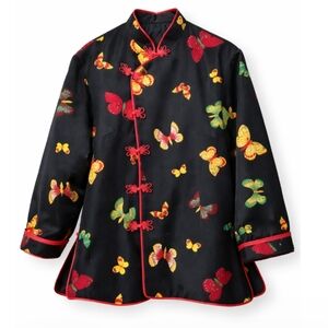 Gorgeous Black Butterfly Embroidered Mandarin Jacket with Red Trim